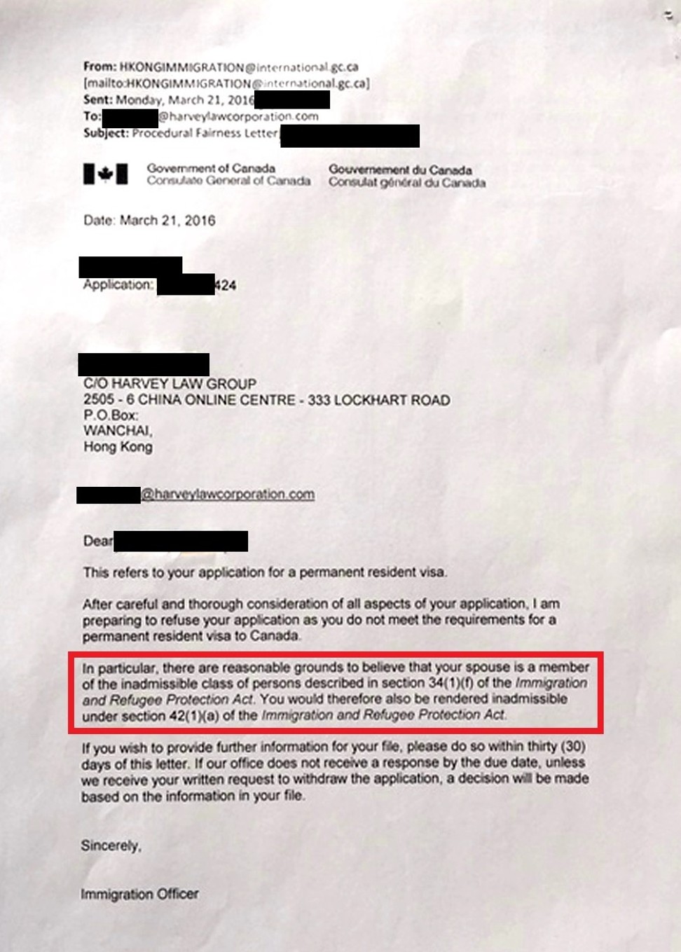 A ‘procedural fairness’ letter, dated March 21, 2016, to a person married to a Huawei employee shows that Canadian immigration officer JW00237 tried to reject the applicant on the basis that the spouse was suspected of espionage. Graphic: SCMP