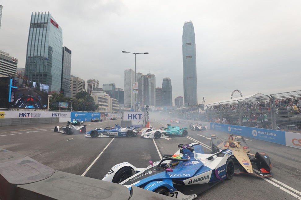 Jean-Eric Vergne (right) in a collision on the first corner of the Hong Kong E-Prix. The defending champion had another day to forget.