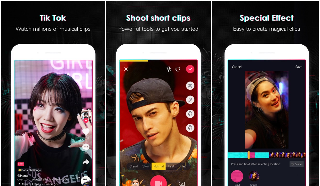 Tik Tok screenshots. The app enables users to star in their own, professional looking music videos.