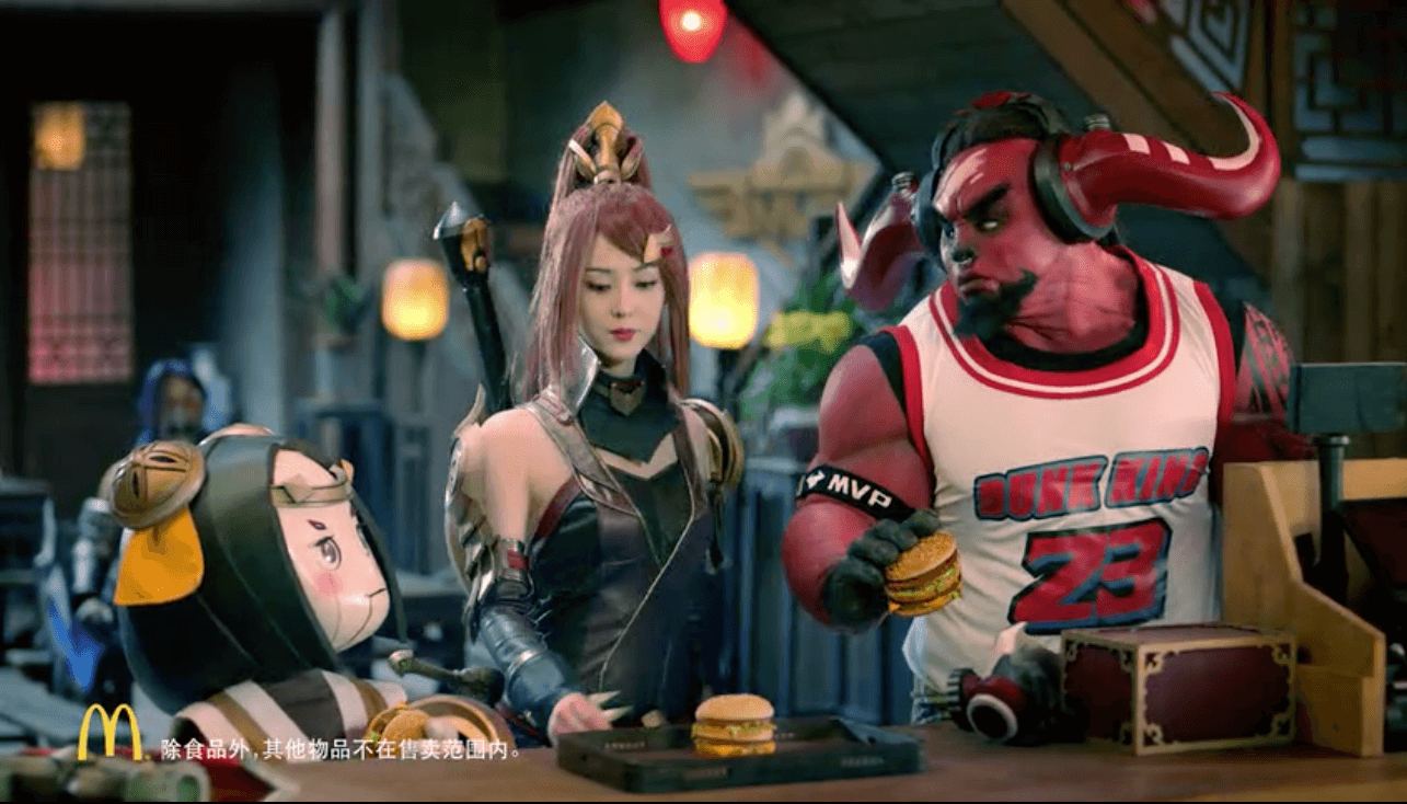 Honor of Kings characters Luban 7, Mulan, and Bull Devil as seen in a McDonald’s commercial. (Picture: McDonald’s)