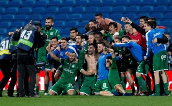 Leganes’ players celebrate a famous victory over Real Madrid during the King’s Cup quarter-final second leg. Photo: EPA Leganes’ players celebrate a famous victory over Real Madrid during the King’s Cup quarter-final second leg. Photo: EPA