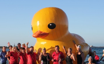 An Australian swimming club is appealing for ocean watchers to find their giant yellow inflatable duck Daphne, after the mascot was blown into the Indian Ocean with reported sightings hundreds of kilometres from where it was launched. Photo: AFP