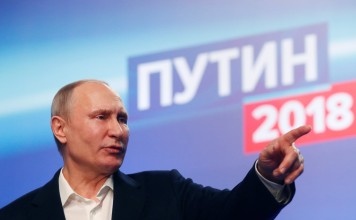 Russian President Vladimir Putin at his election headquarters in Moscow, Russia, on March 18, 2018. He described allegations Russia was behind the poison attack on a former Russian agents as ‘nonsense.’ Photo: Pool via Reuters