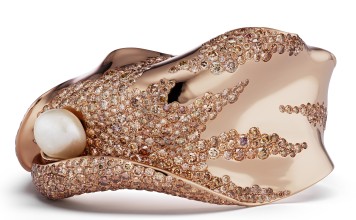 Neha Dani Karesa rose gold cuff with natural freshwater baroque pearl and brown diamonds