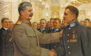 A print of a work titled “Work well, so that comrade Stalin will say thank you!”, by Vladislav Grigoryevich Pravdin. Picture: Alamy