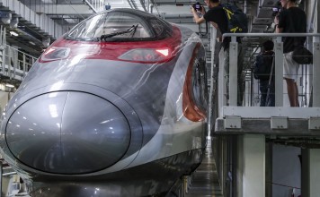 A Vibrant Express train at the Shek Kong sidings, in Hong Kong. Picture: Edward Wong