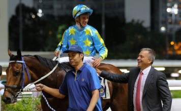 Jockey Sam Clipperton and trainer Caspar Fownes celebrate E Master’s win earlier this season. Photos: Kenneth Chan