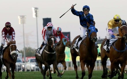 Damian Browne celebrates after leading Buffering to win the Al-Quoz Sprint during the Dubai World Cup meeting. Photo: AFP