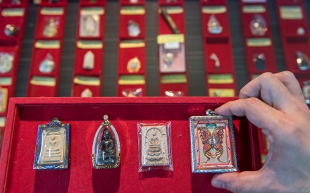 Thai amulets in Amulet Studio, a shop in Fu Lu Shou, a shopping mall specialising in religious and mystic merchandise in central Singapore.