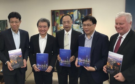 Baptist University management at the launch of the ‘Talent100’, a scheme to recruit 100 new academic staff globally over the next 3-5 years. (Left to right) Dr Albert Chau Wai-lap, vice-president; Roland Chin Tai-hong, president and vice-chancellor; Andy Lee Shiu-chuen, vice-president; Professor Rick Wong Wai-kwok, vice-president; and Professor Clayton Mackenzie, provost. Photo: Naomi Ng