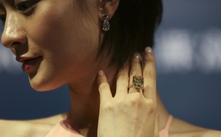 An important fancy vivid yellow diamond ring shown at Sotheby's Hong Kong Magnificent Jewels and Jadeite Autumn Sale. Photo: SCMP / Xiaomei Chen