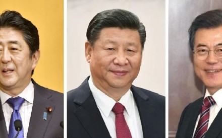 This combination file photo shows (from left) Japanese Prime Minister Shinzo Abe, Chinese President Xi Jinping and South Korean President Moon Jae In. Sources said Japan has proposed that a long-delayed trilateral summit be held in Tokyo in April. Photo: Kyodo