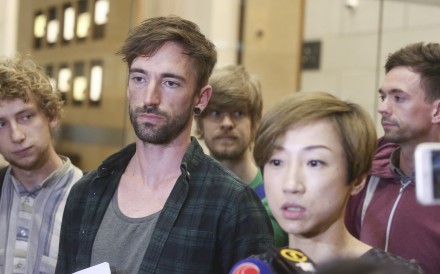 Legislator Tanya Chan Suk-chong (second right) leaving Hong Kong’s Immigration Office in May 2017 with arrested musicians (from left) Henry Kohen aka “Mylets” and TTNG’s Chris Collis, Henry Tremain and Tim Collis. Photo: Sam Tsang