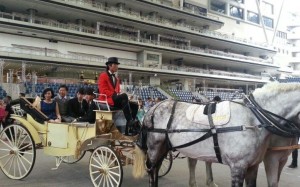 Dennis Yip and his family arrive by horse-drawn carriage for his big celebration party.