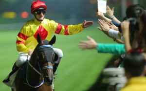Zac Purton, aboard Twin Delight, celebrates after securing the Million Challenge for Caspar Fownes on Wednesday night. Photos: Kenneth Chan