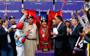 Team Mongolian Saturday celebrate the horse's success in the Breeders' Cup Turf Sprint. They are likely to bring their rousing party to Sha Tin, with Mongolian Saturday set to tackle the Hong Kong Sprint. Photos: AFP, Kenneth Chan
