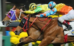 Race 6, Bullish Smart(inside), ridden by Vincent Ho, won the class 3 over 1650m at Happy Valley on 17Feb16.