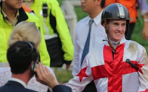 Chad Schofield was all smiles despite a nasty fall from Hard Ball Get in the last race. Gerald Mosse received a seven-day ban for his role in causing the fall. Photo: Kenneth Chan
