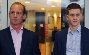 Chad Schofield, pictured with Richard Gibson at the Hong Kong Derby barrier draw on Thursday morning, looks well placed to regain momentum with two solid rides in Sunday’s Triple Trio, including Gibson’s Travel Renyi. Photo: Kenneth Chan