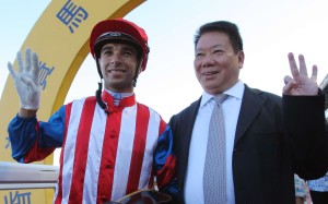 Joao Moreira celebrates his 400th winner in Hong Kong and his fourth winner of the day with Manfred Man, who brought up a treble with Spicy Sure. Photo: Kenneth Chan