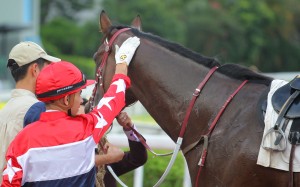 Joao Moreira gives Joyful Trinity a pat after his win on Sunday. Photo: Kenneth Chan