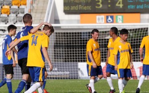 Players at the end of the Hong Kong Jockey Club Community Cup, which went to penalties at Mong Kok Stadium. Photos: Edward Wong