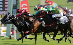 Brett Prebble (middle on Solar Hei Hei), looks to his outside to see he’s beaten off Nash Rawiller and Circuit Land, but instead Sam Clipperton and Gonna Run have burst through on the inside to take out the Chevalier Cup. Photos: Kenneth Chan