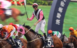 Zac Purton celebrates after winning the Group One Hong Kong Mile with Beauty Only. Photos: Kenneth Chan