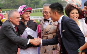 Paul O’Sullivan and Zac Purton celebrate Win Beauty Win’s victory with connections. Photos: Kenneth Chan