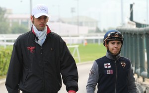 Jockey agent Alexis Doussot (left) with Mickael Barzalona at Sha Tin trackwork in December 2011. Photos: Kenneth Chan