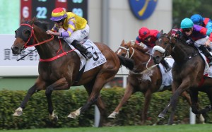 Ryan Moore guides Ping Hai Star to victory in the Hong Kong Derby. Photos: Kenneth Chan