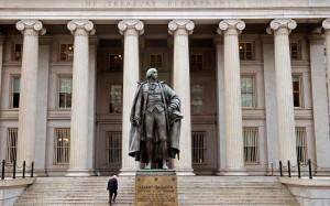 A man enters the US Treasury Department building on Pennsylvania Avenue in Washington in January 2017. The 3-month Treasury yield is higher than the average 12-month dividend yield on the S&P 500 equity index for the first time in a decade. Photo: AFP