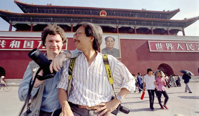 Jeff Widener (left) and fellow photographer Liu Heung Shing in Tiananmen Square before the crackdown.