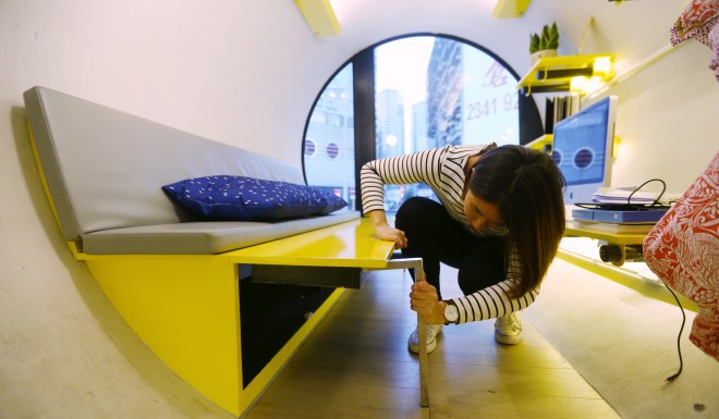 The OPod's couch becomes a built-in bed.