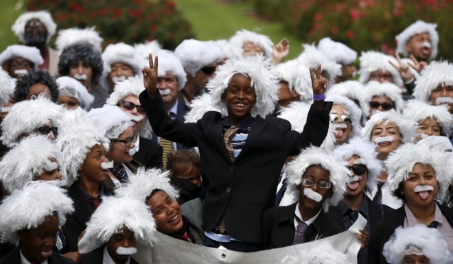 People in Los Angeles take part in the Einstein gathering to raise money for the homeless children's education in 2015.