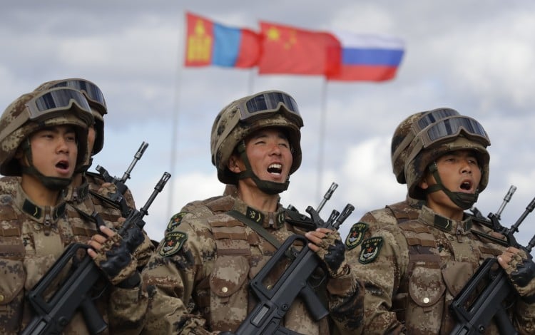Chinese troops march at the training ground 'Tsugol', about 250 kilometres (156 miles) south-east of the city of Chita during the Vostok military exercises on Thursday. Photo: AP