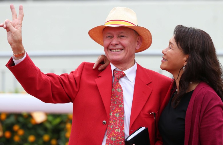 John Moore and his wife Fifi celebrate winning the Group One Stewards’ Cup. Photos: Kenneth Chan
