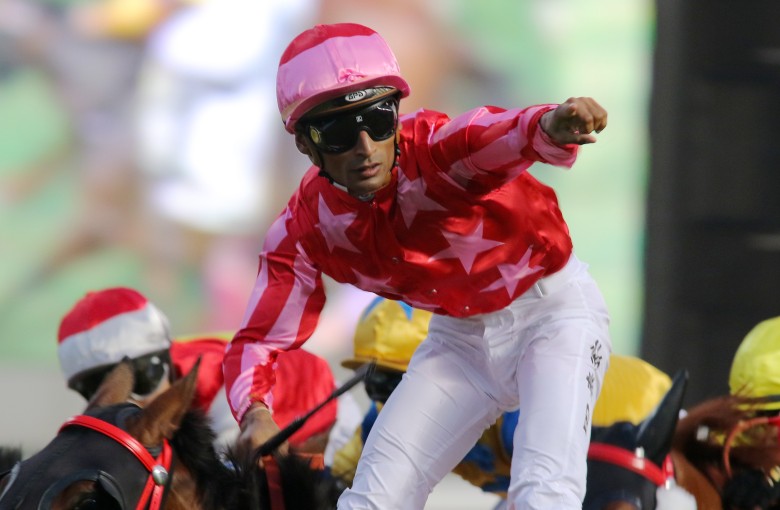 Karis Teetan celebrates riding his fifth winner on Morethanlucky in the last race of the day. Photos: Kenneth Chan