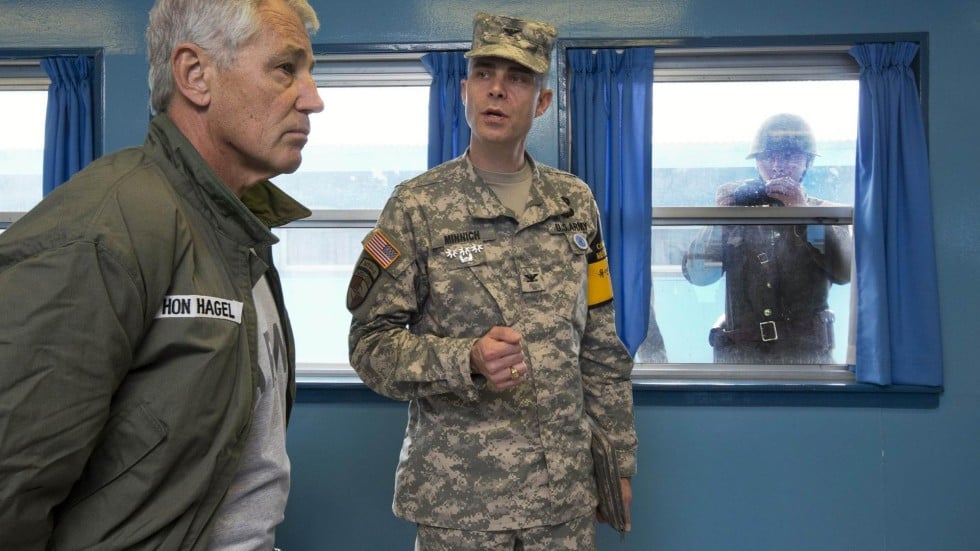 us defence chief chuck hagel tours korean dmz watched by the north