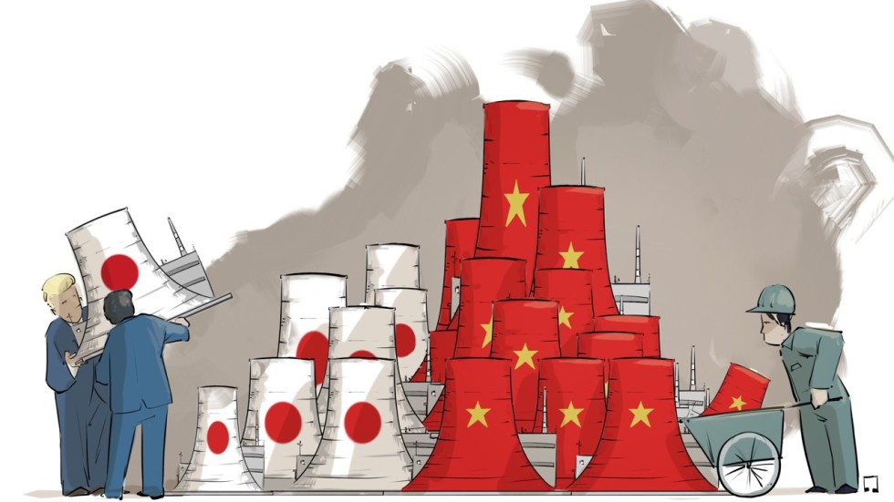 A race between Tokyo and Beijing over the construction of coal plants is already under way. Illustration: Timothy Mcevenue. timothymcevenue.net
