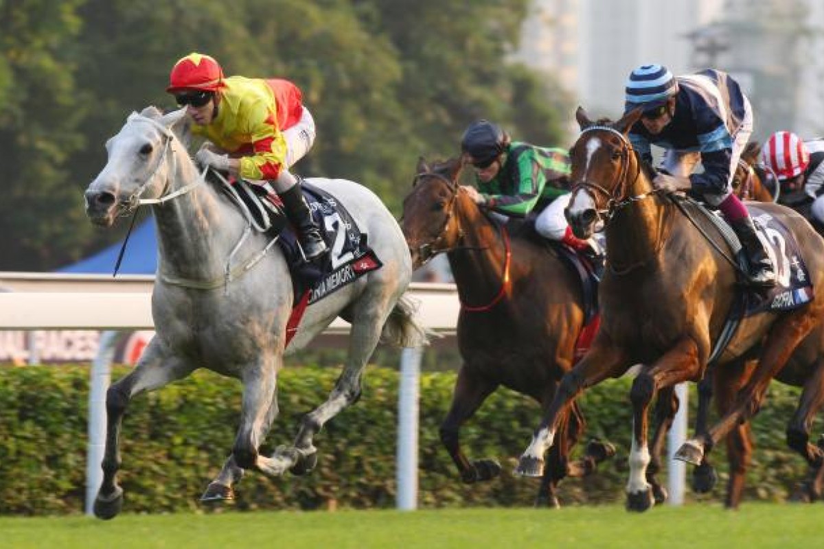 California Memory maintains a lead over his rivals to retain the Hong Kong Cup as a cheeky Matthew Chadwick sticks his tongue out. Photo: Kenneth Chan