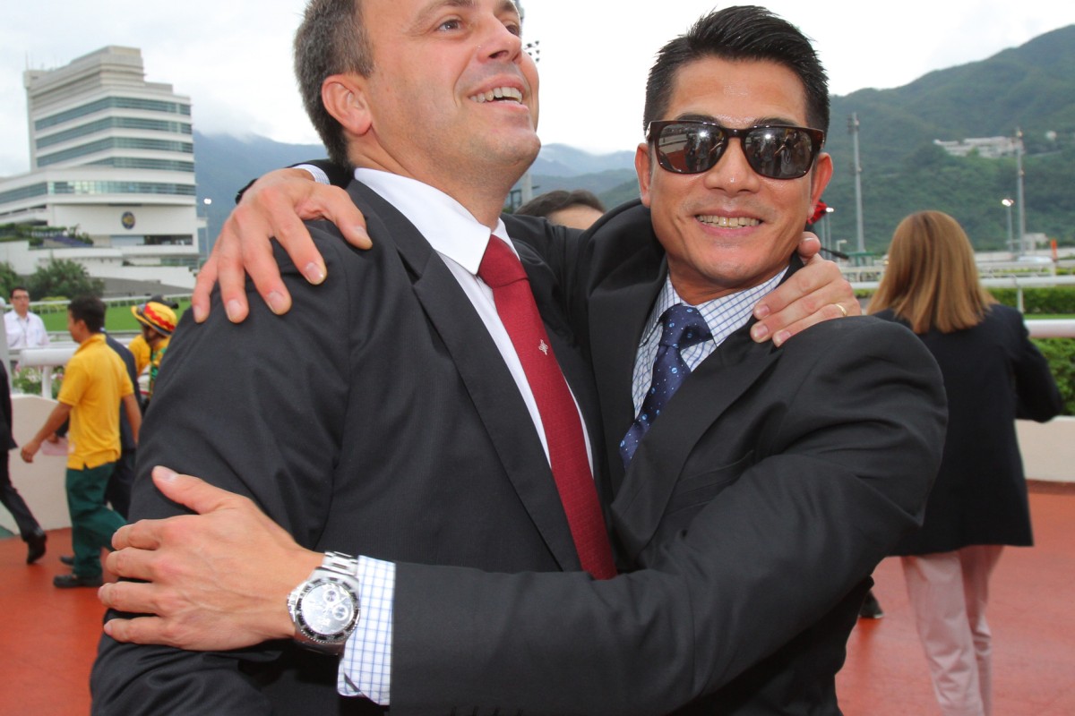 Trainer Caspar Fownes and owner Aaron Kwok Fu-shing. Their horse, Calling With Love, won the class 4 over 1400m at Sha Tin. Photo: SCMP