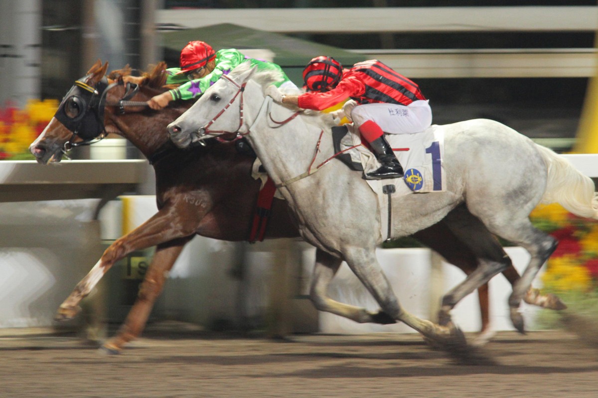 Karis Teetan aboard New Glory (inside) beats Silver Grecian (Olivier Doleuze) to the line in the last race. Photo: Kenneth Chan