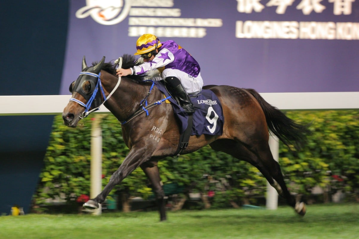 Mirco Demuro rides Fun 'N' Games to victory in the Longines International Jockey's Championship, third leg, at Happy Valley. Photo: Kenneth Chan