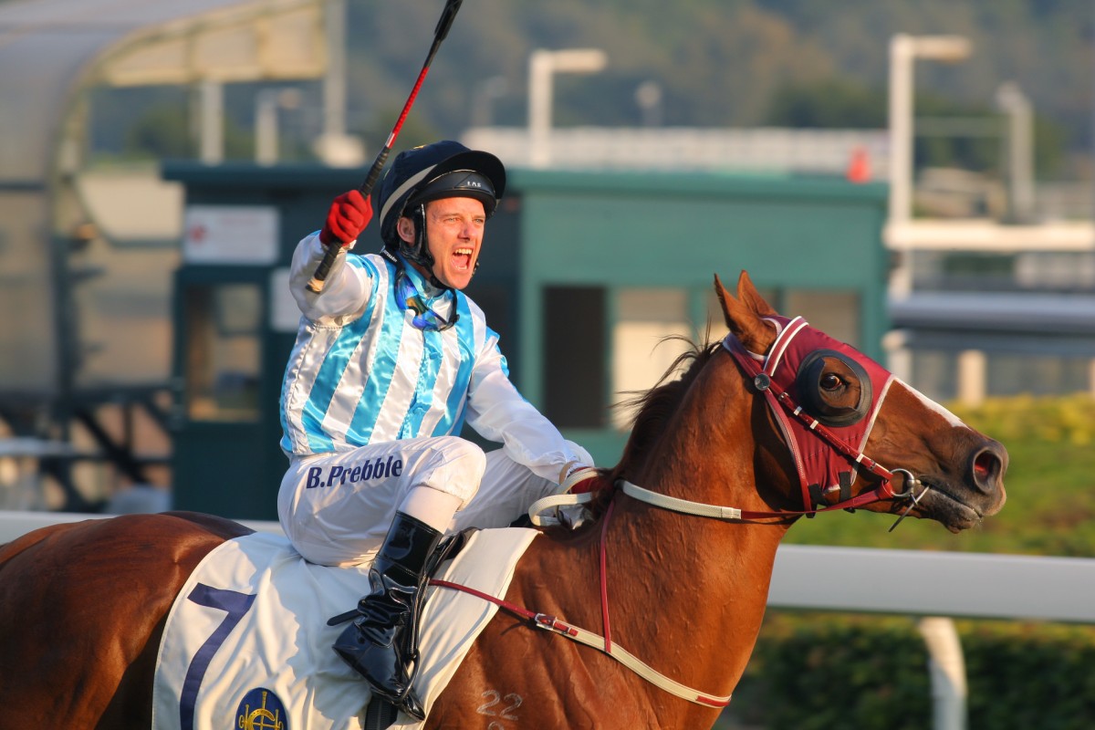 Brett Prebble brings Tango Fire back after winning the Grassy Hill Handicap. Photo: Kenneth Chan