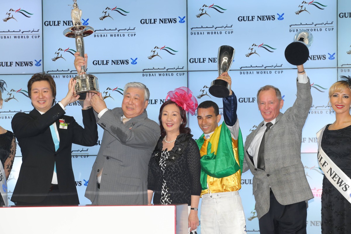 The connections of Sterling City celebrate after his victory in the Golden Shaheen.