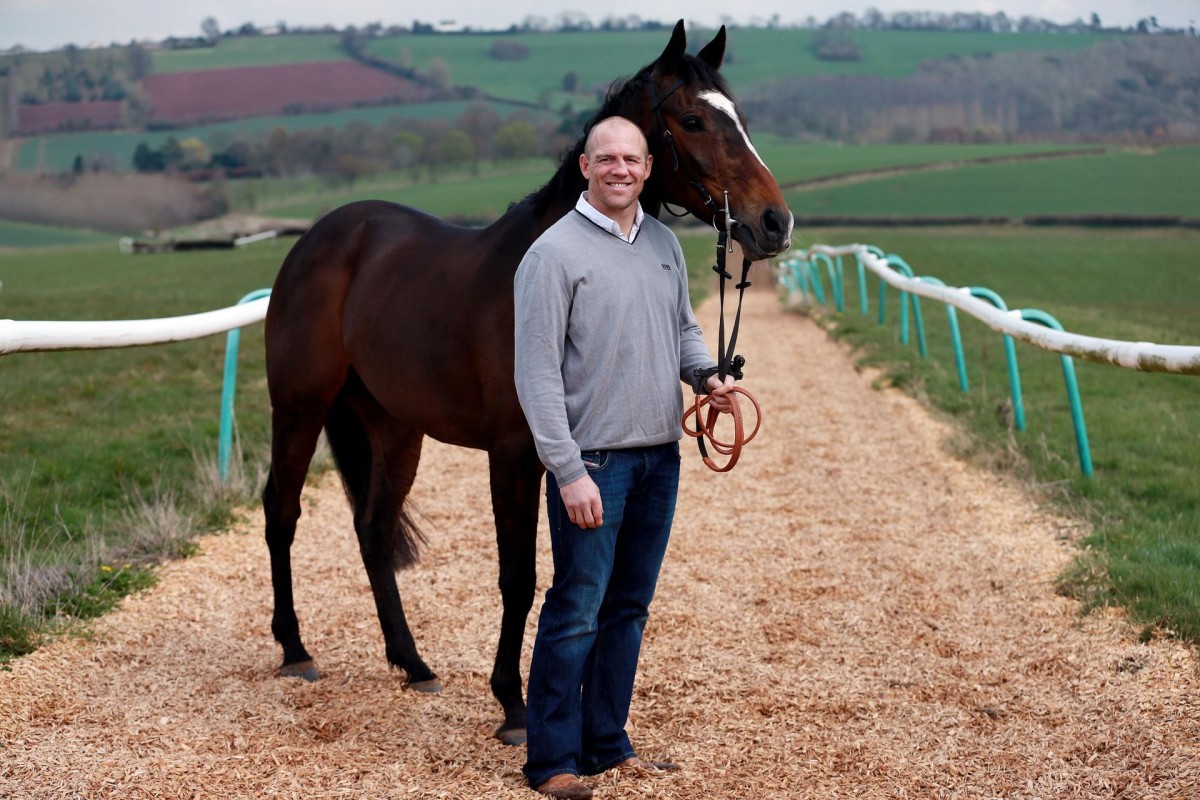 Part Owner Mike Tindall with Monbeg Dude during a stable visit at Eccleswall Court, Ross-on-Wye, England. Photo: AP