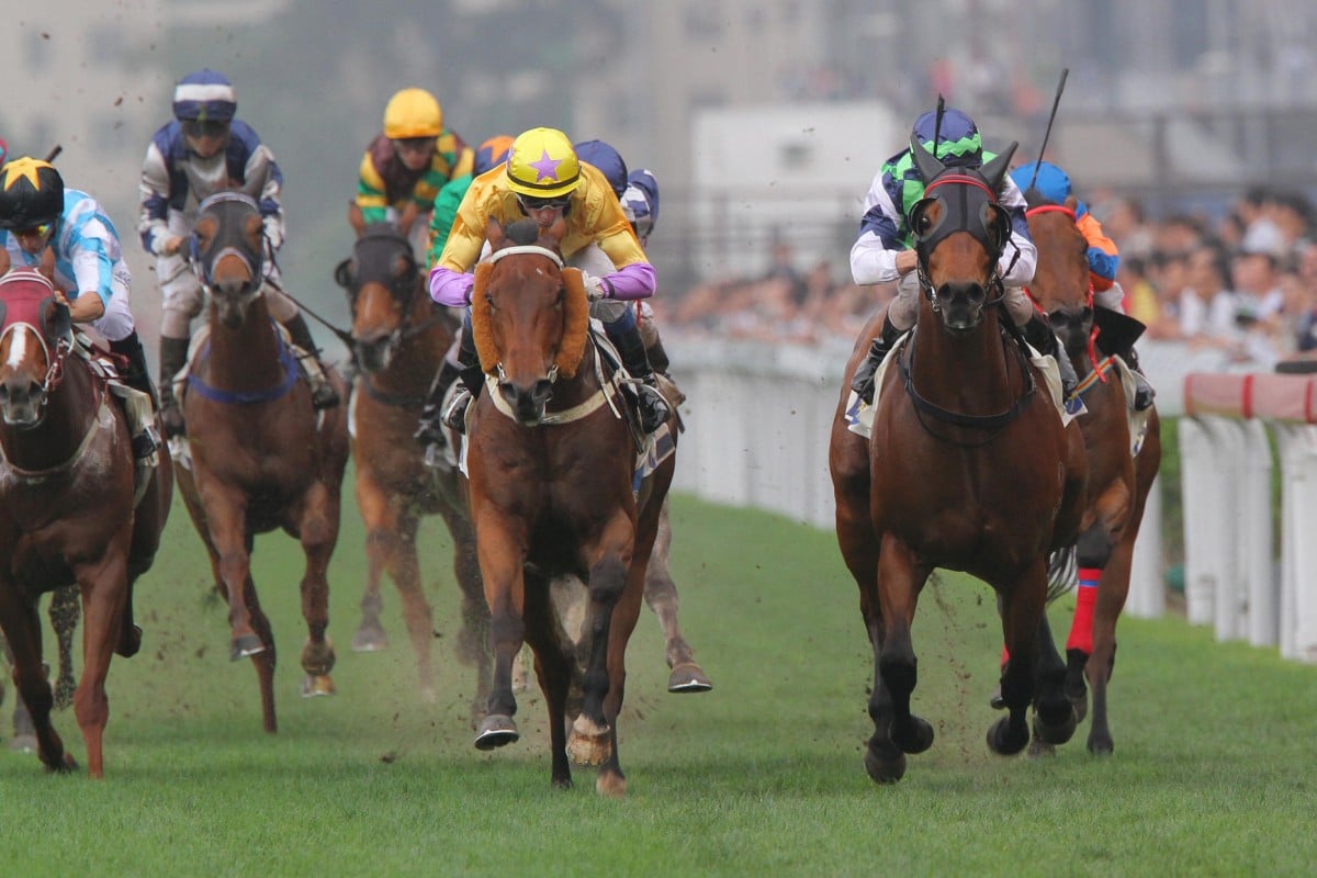 Peniaphobia (Douglas Whyte, left) gets the better of Pure Force (Zac Purton) near the line to force his way into Class Two. Photos: Kenneth Chan
