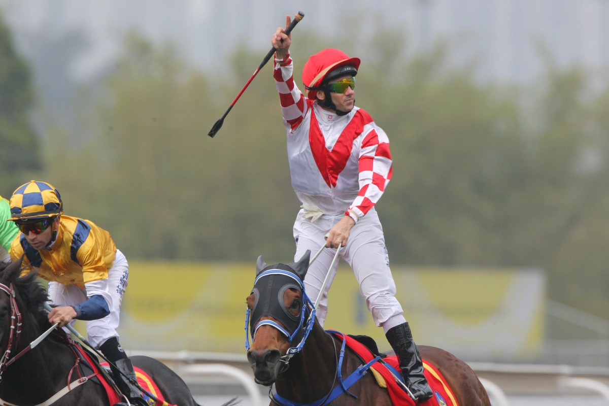 Brett Prebble salutes after Lucky Nine returns to form with a win in the Chairman's Sprint Prize two starts back.Photos: Kenneth Chan