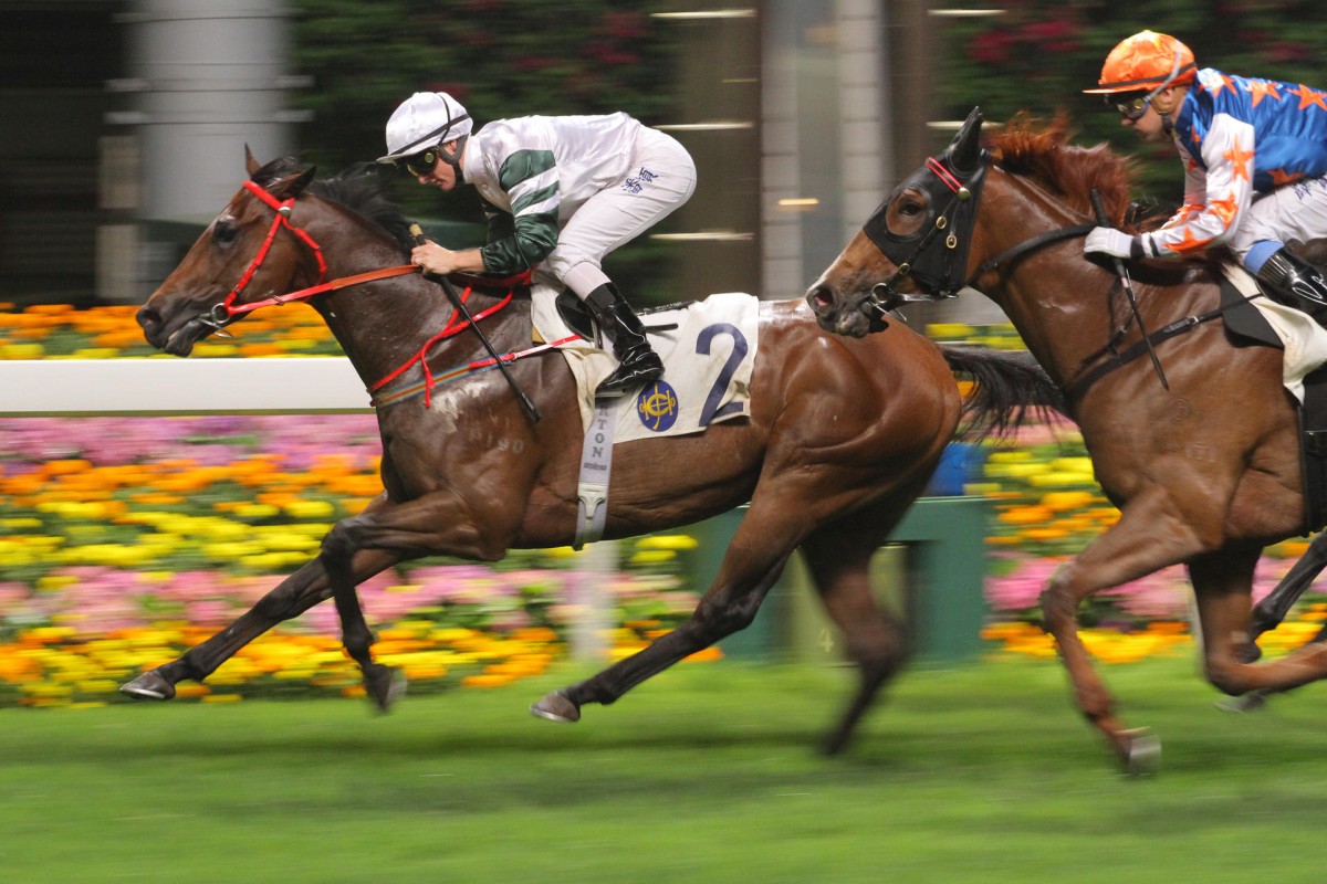 Championship-chasing jockey Zac Purton pilots Cour Valant over the line to complete his treble at Happy Valley .Photo: Kenneth Chan